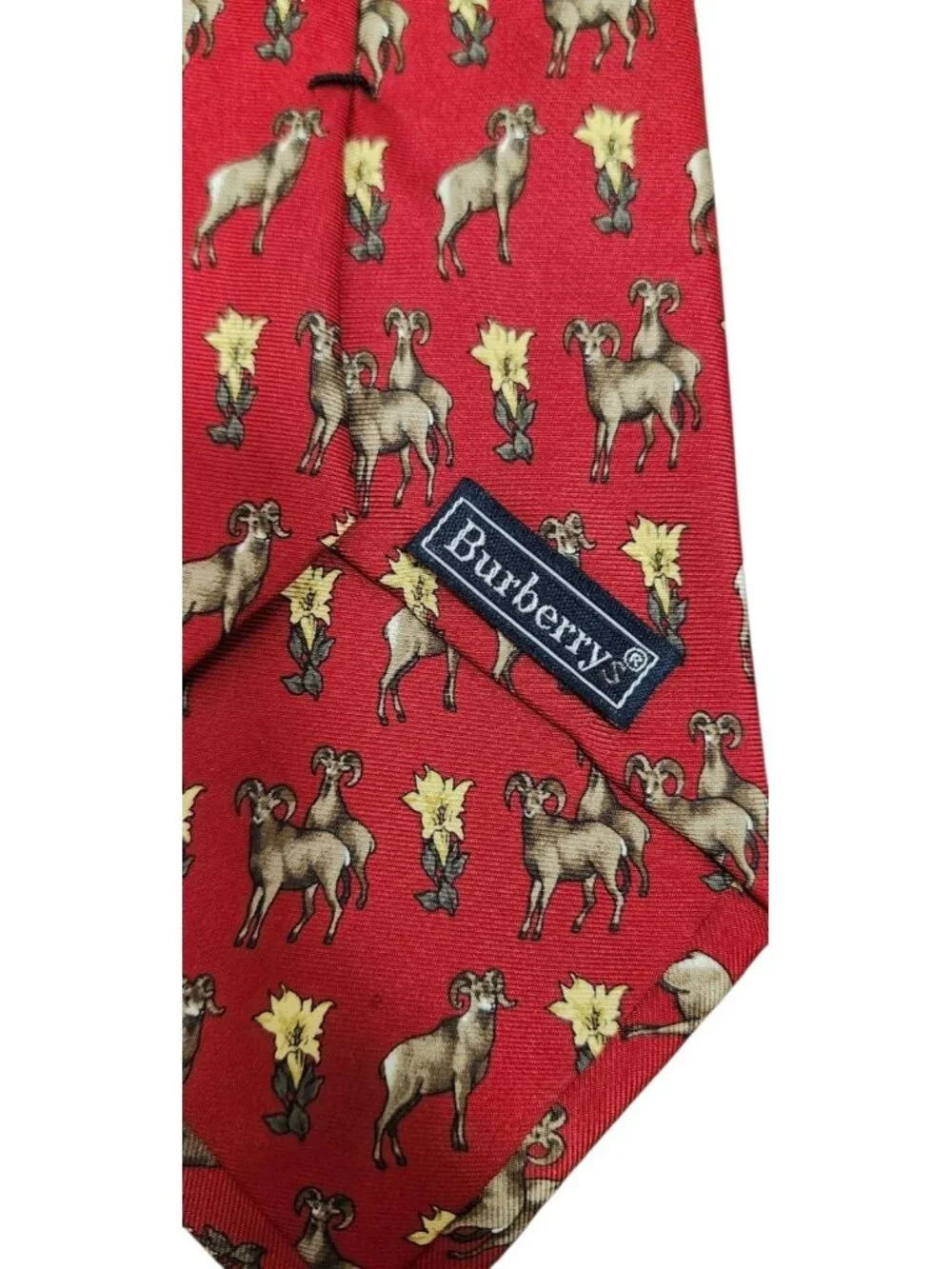 Burberrys Vintage Red Silk Ram Animal Print Tie Hand Made USA